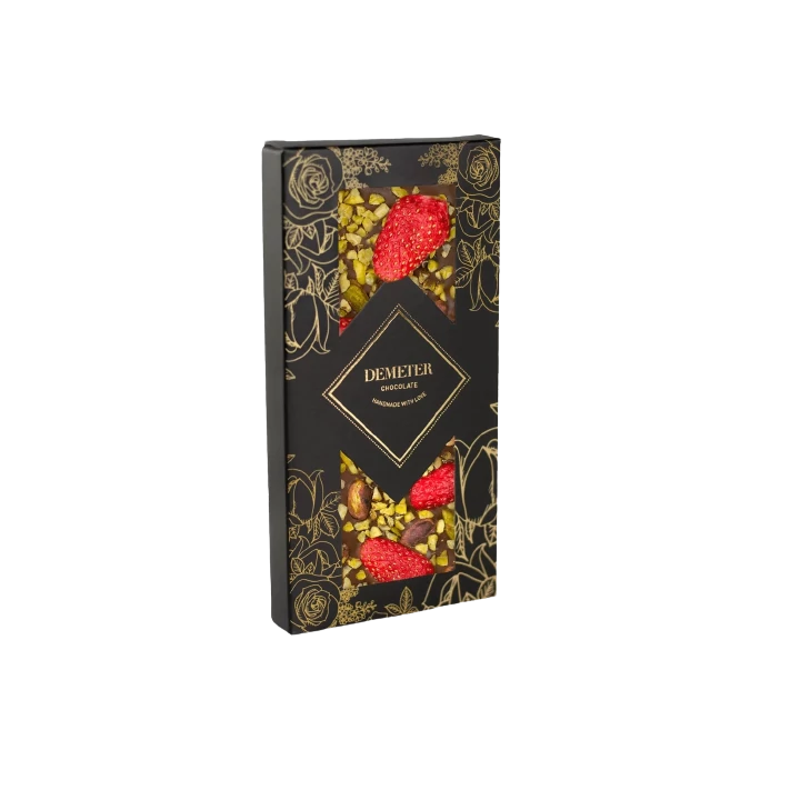 Demeter Chocolate Tejcsokoládé Eperrel és Pisztáciával 50g