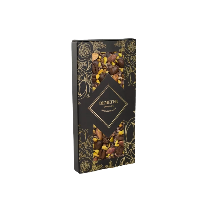 Demeter Chocolate Cukor- és Laktózmentes Étcsokoládé Karobbal Kávéval és Pisztáciával 50g